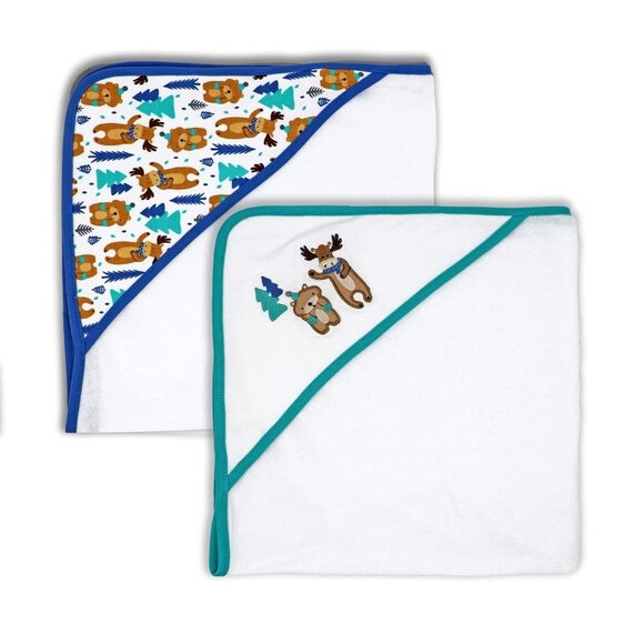 Baby Mode 2 Hooded Towels Moose/Beaver Themed For Toddlers Boy, Blue - Picture 1 of 1